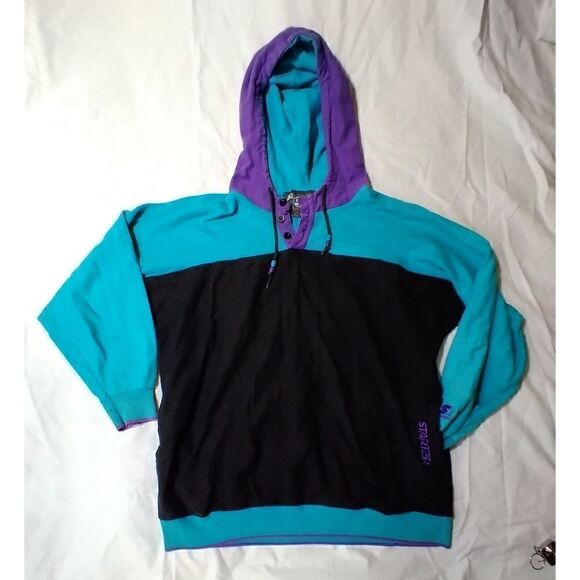 VINTAGE RETRO FIRST STARTER COTTON SIZE LARGE HOODY AQUA PURPLE BLACK PULLOVER - Picture 1 of 7